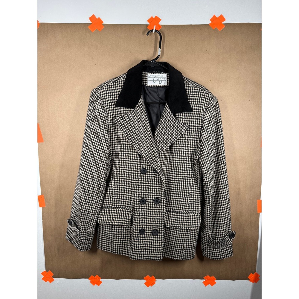 Lawrence Ciga Houndstooth Wool Blend Blazer‎ Jacket Corduroy Collar Womens
